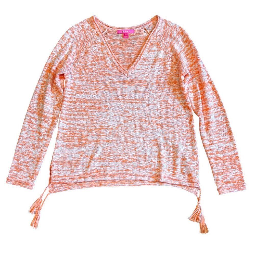 Lilly Pulitzer Cantaloupe Orange Marl Jody V-Neck TasselSweater Size Large